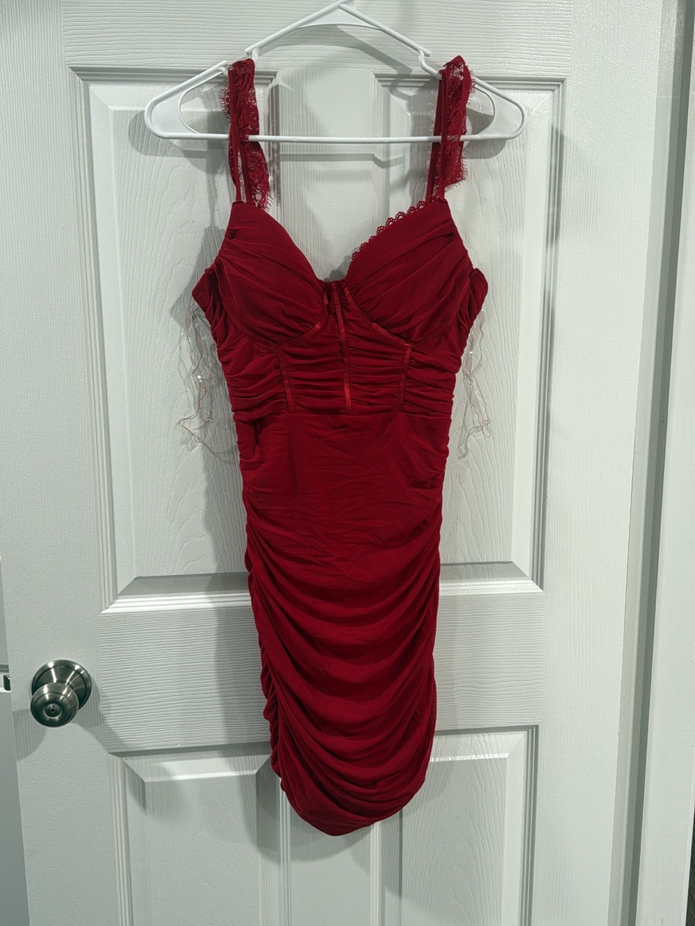 Windsor Scarlet Ruched Lace-Trim Mini Dress
